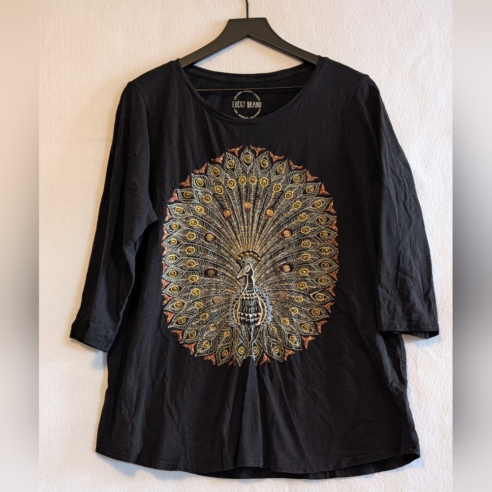 Lucky Brand Peacock Embroidered Beaded Boho Top Black 2X Plus